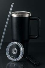 1200ML Tumbler with Lid and Straw | Stainless Steel Water Tumbler Sipper Insulated Hot and Cold with Handle Leak Proof Cup Coffee Mug Cupholder for Gym Office Travelling (Black)