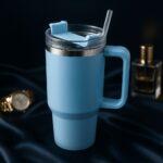 1200ML Tumbler with Lid and Straw | Stainless Steel Water Tumbler Sipper Insulated Hot and Cold with Handle Leak Proof Cup Coffee Mug Cupholder for Gym Office Travelling (Light Blue) - Image 3
