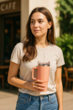 1200ML Tumbler with Lid and Straw | Stainless Steel Water Tumbler Sipper Insulated Hot and Cold with Handle Leak Proof Cup Coffee Mug Cupholder for Gym Office Travelling (Peach) - Image 3