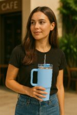 1200ML Tumbler with Lid and Straw | Stainless Steel Water Tumbler Sipper Insulated Hot and Cold with Handle Leak Proof Cup Coffee Mug Cupholder for Gym Office Travelling (Light Blue) - Image 2